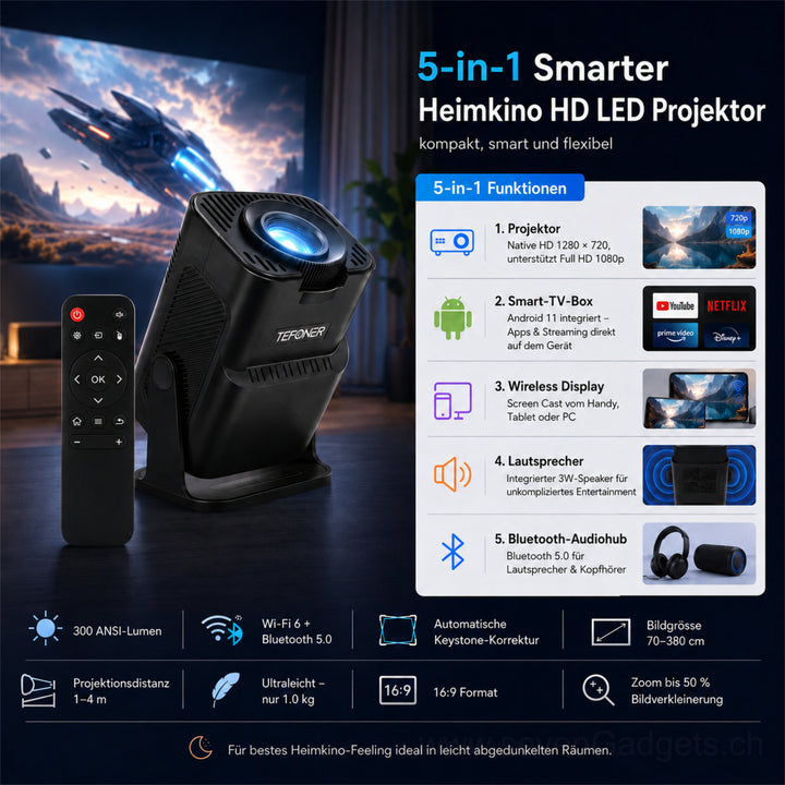 5-in-1 Smarter Heimkino HD LED Projektor