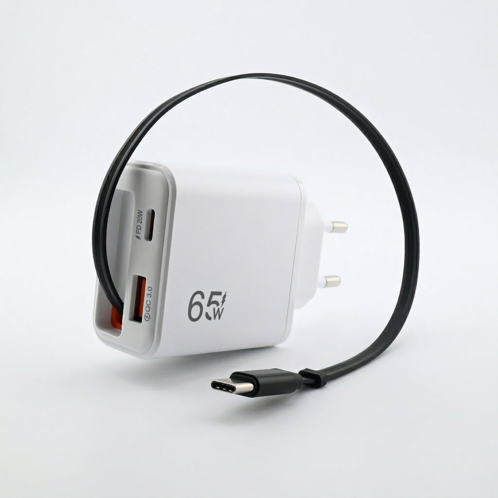 3-in-1 Schnellladegerät mit ausziehbarem USB-C Kabel
