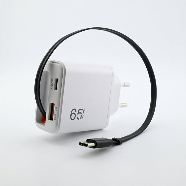 65W Schnellladegerät mit ausziehbarem USB-C Kabel, 3-in-1 Universal-Netzteil für Laptop, Smartphone & Tablet, Kompaktes Reiseladegerät