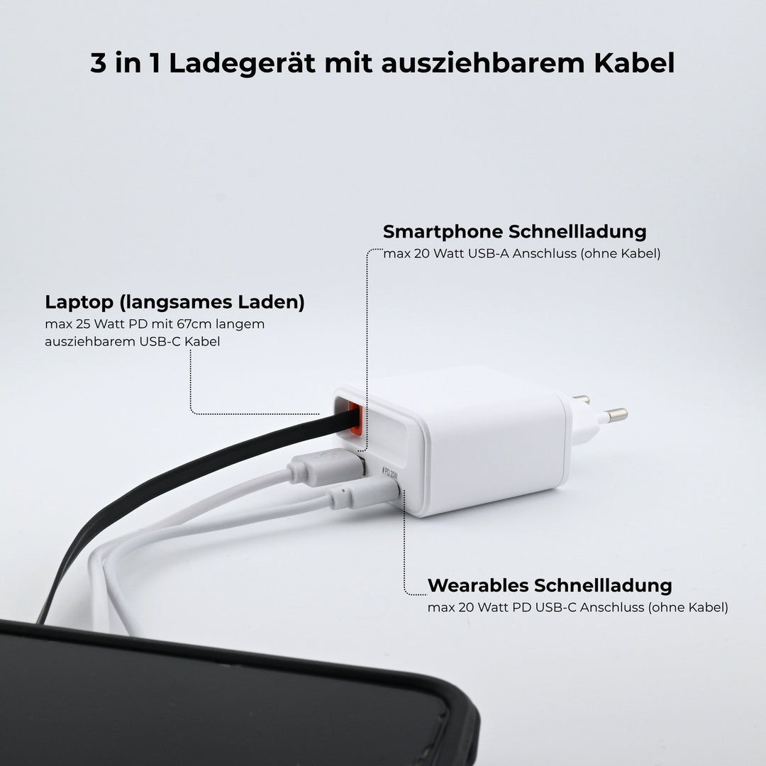 3-in-1 Schnellladegerät mit ausziehbarem USB-C Kabel