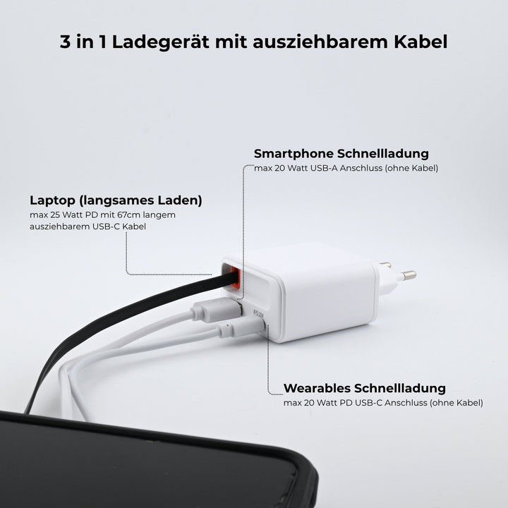 3-in-1 Schnellladegerät mit ausziehbarem USB-C Kabel