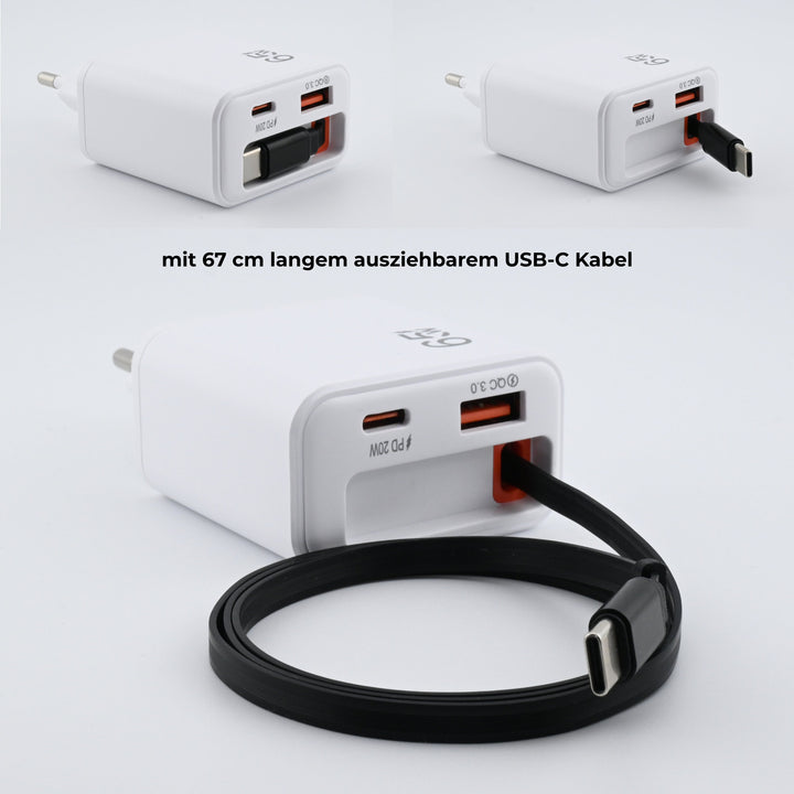 3-in-1 Schnellladegerät mit ausziehbarem USB-C Kabel
