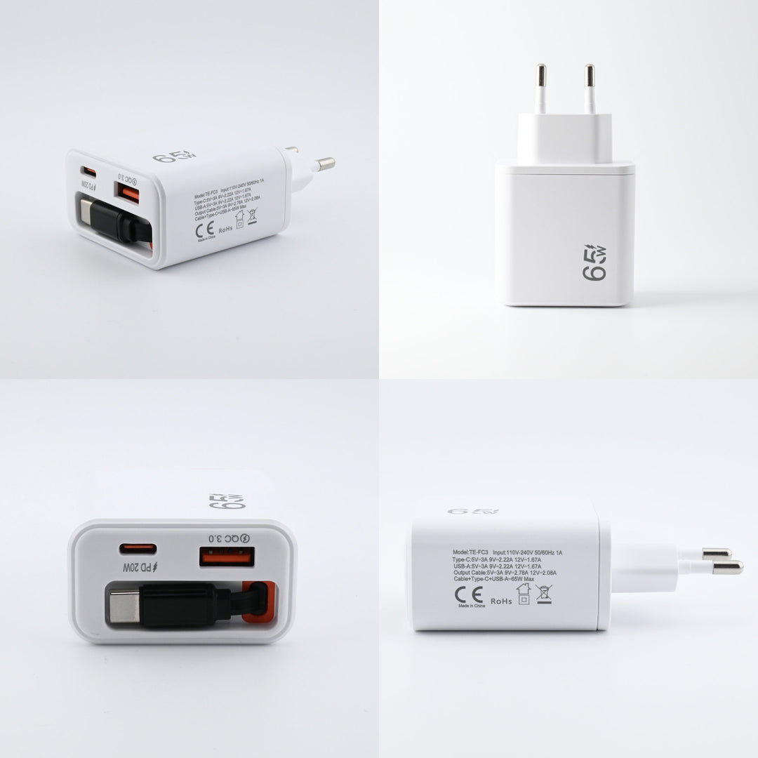 3-in-1 Schnellladegerät mit ausziehbarem USB-C Kabel
