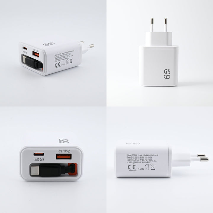 3-in-1 Schnellladegerät mit ausziehbarem USB-C Kabel