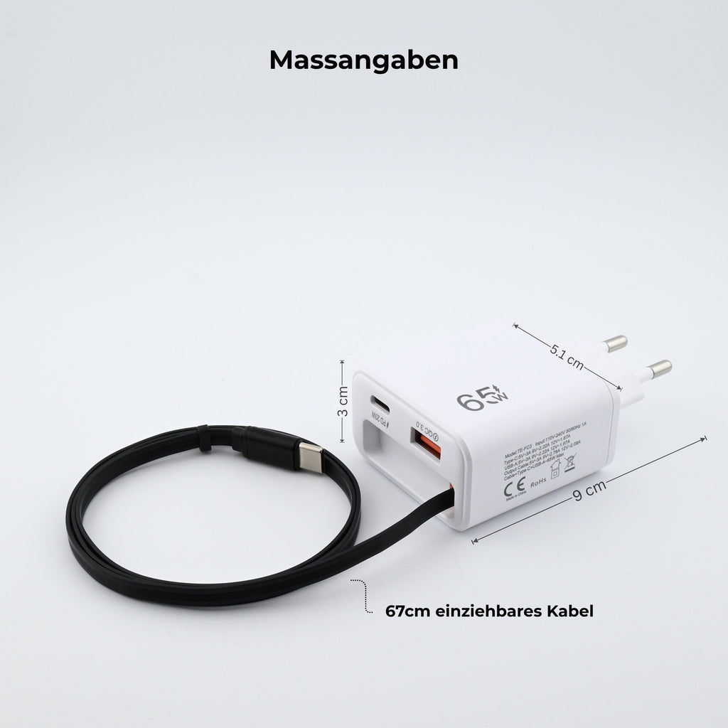 3-in-1 Schnellladegerät mit ausziehbarem USB-C Kabel