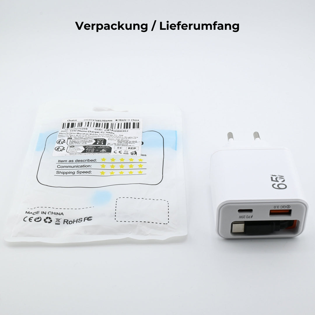 3-in-1 Schnellladegerät mit ausziehbarem USB-C Kabel