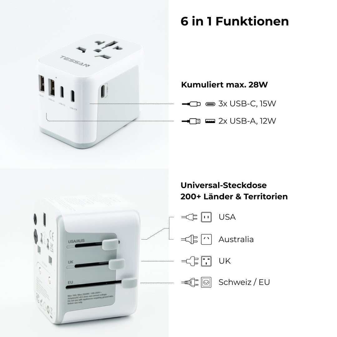 6-in-1 Universal Reiseadapter von TESSAN mit USB &amp; USB-C