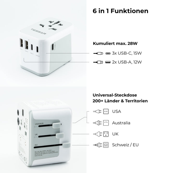 6-in-1 Universal Reiseadapter von TESSAN mit USB &amp; USB-C