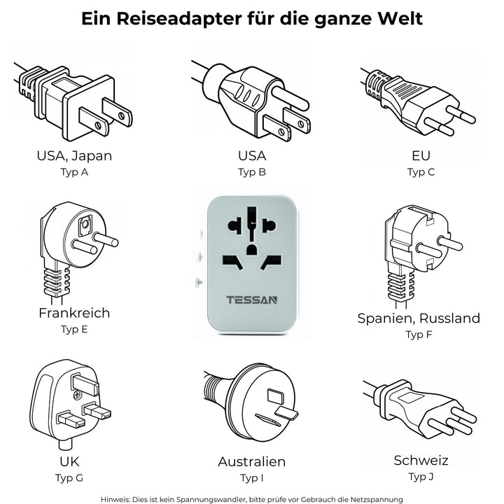 6-in-1 Universal Reiseadapter von TESSAN mit USB &amp; USB-C